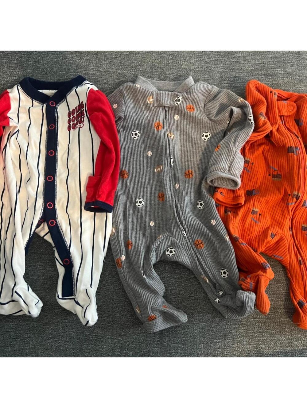 Bundle of 3 Carter's Newborn Baby Boy Sleepers in Gray, Orange, and White
